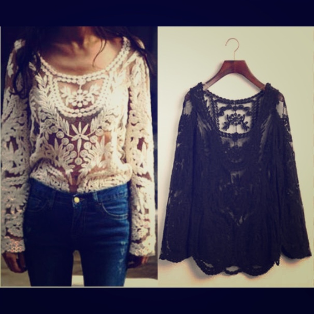Black Crochet Floral Lace Top